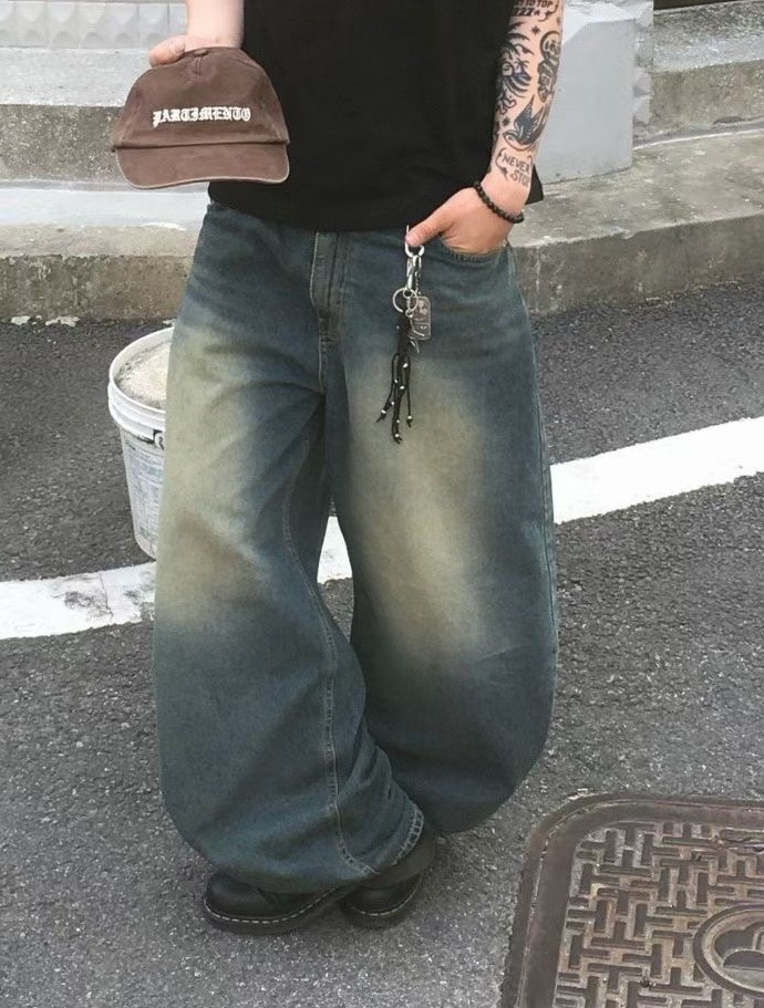 丹寧 刷色 闊腿 堆疊感 火焰設計 牛仔褲