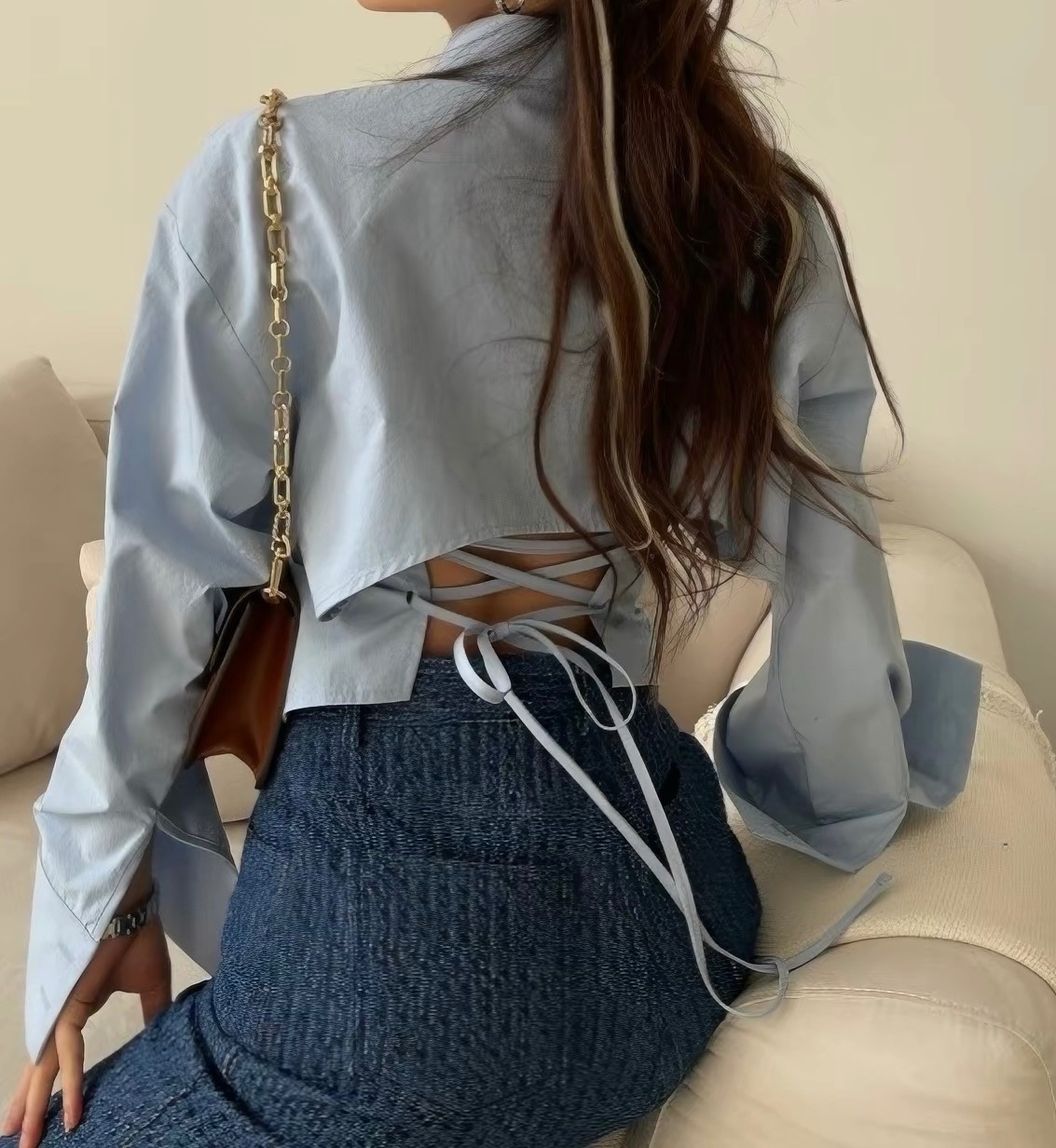 露背綁帶襯衫