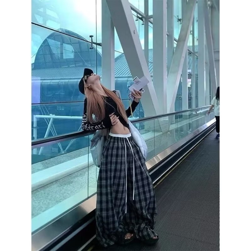 𝐌𝐞𝐫𝐚𝐤𝐢 韓國 美式 格紋雙腰頭 闊腿褲