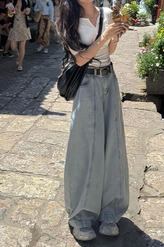 小個子美式復古水洗淺色彎刀闊褲