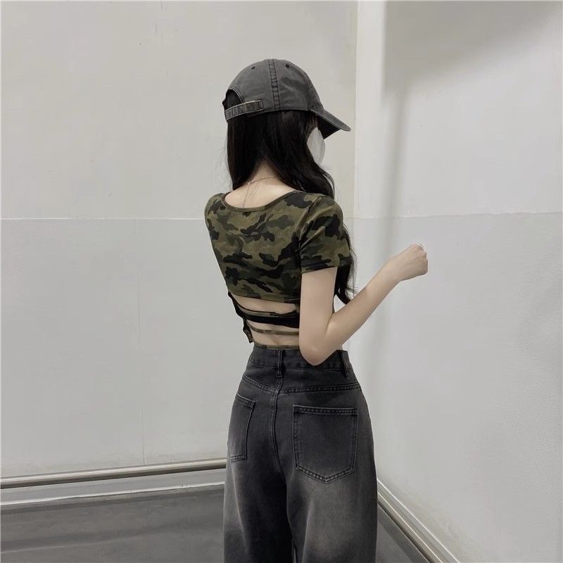 美式辣妹短款迷彩上衣