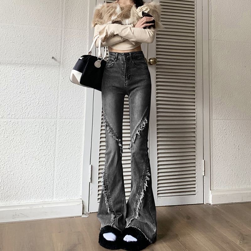 高腰顯瘦毛邊喇叭褲