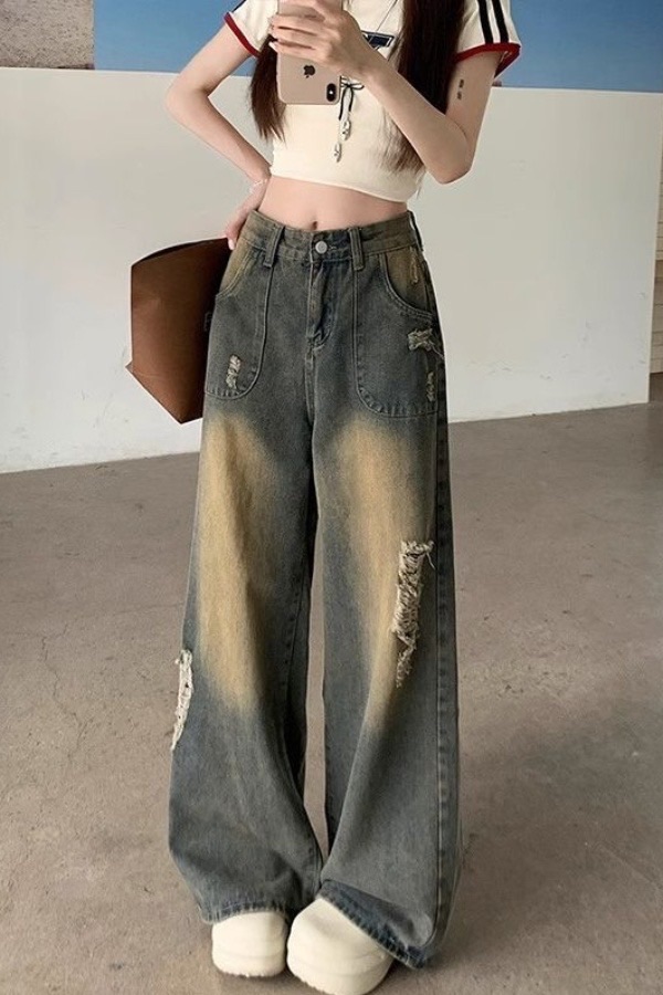 美式復古做舊破洞牛仔寬褲