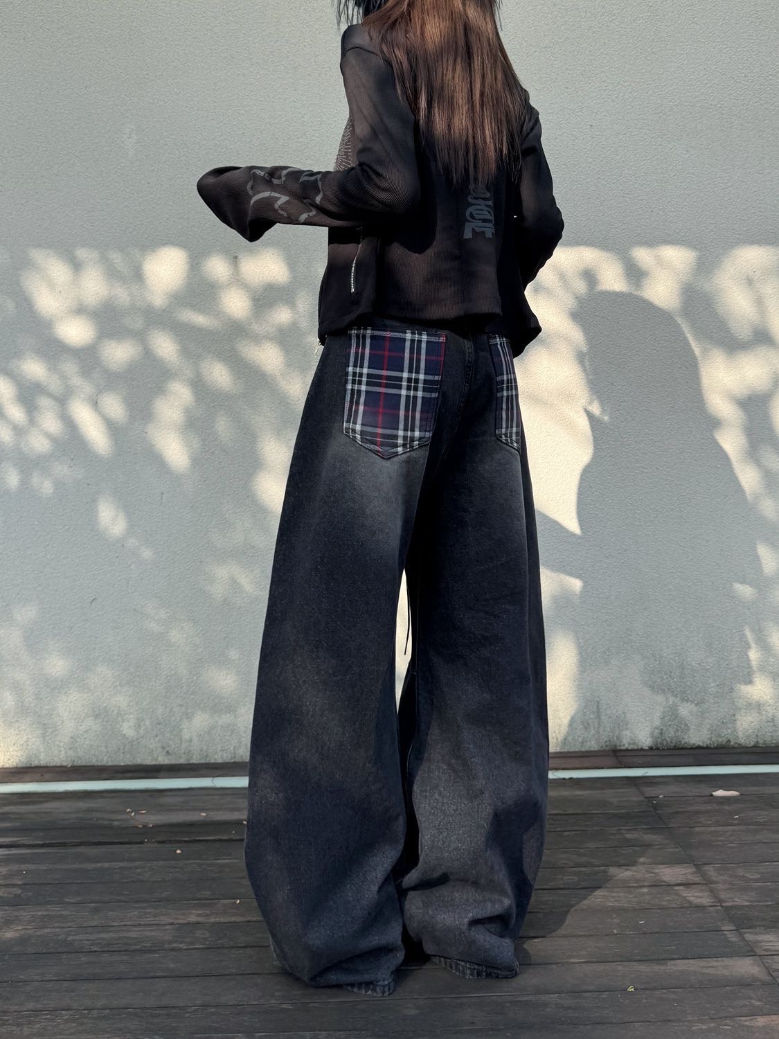 水洗格子拼接闊腿彎刀褲