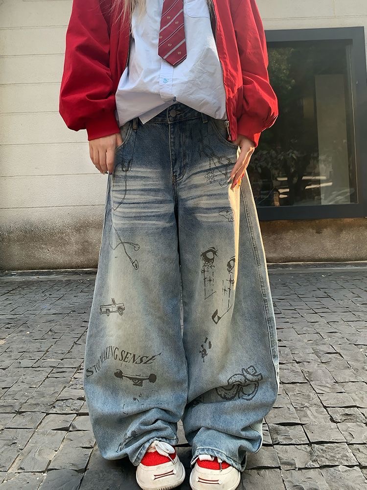 美式水洗做舊塗鴉印花彎刀褲