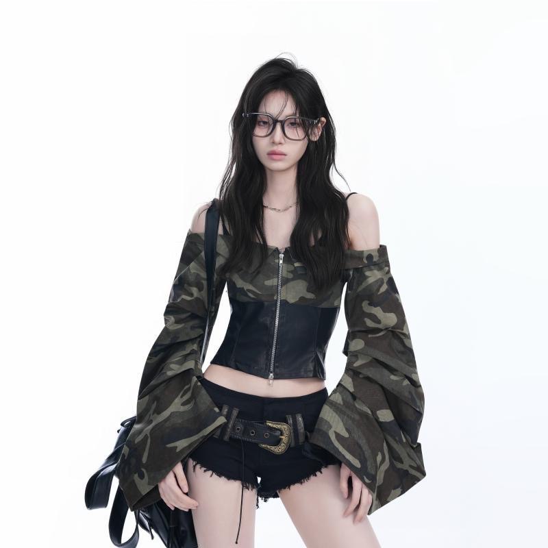 迷彩一字肩修身上衣