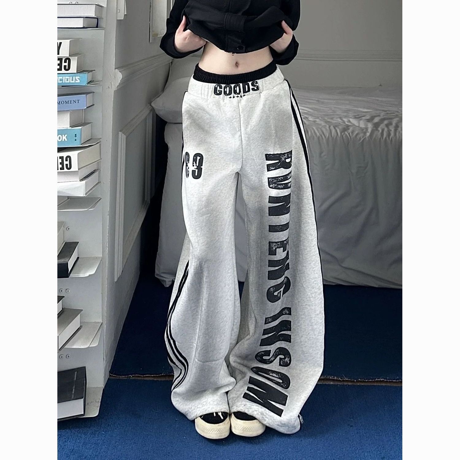 美式雙腰頭字母闊腿褲