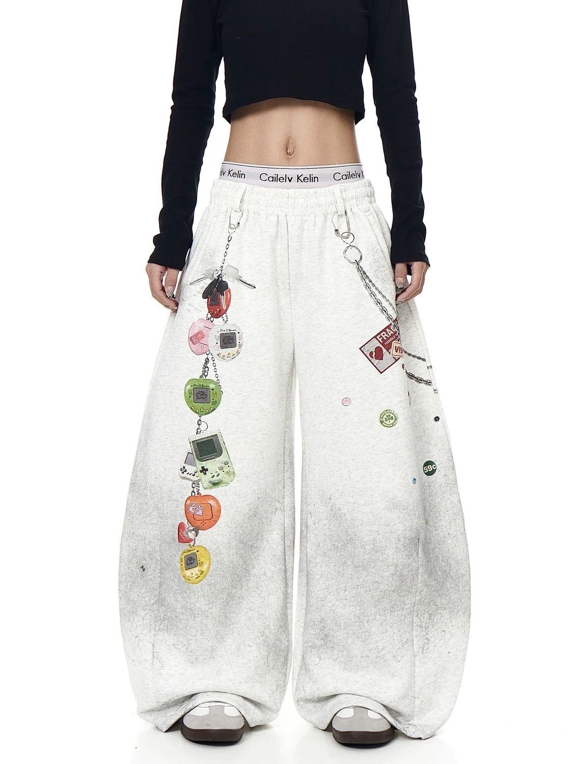 美式街頭風塗鴉印花彎刀褲