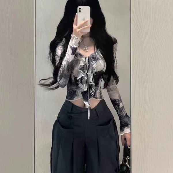 復古晕染荷葉邊上衣