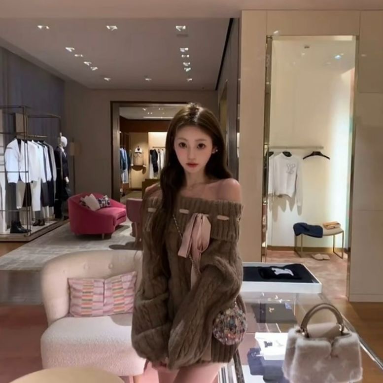 一字肩蝴蝶結針織上衣