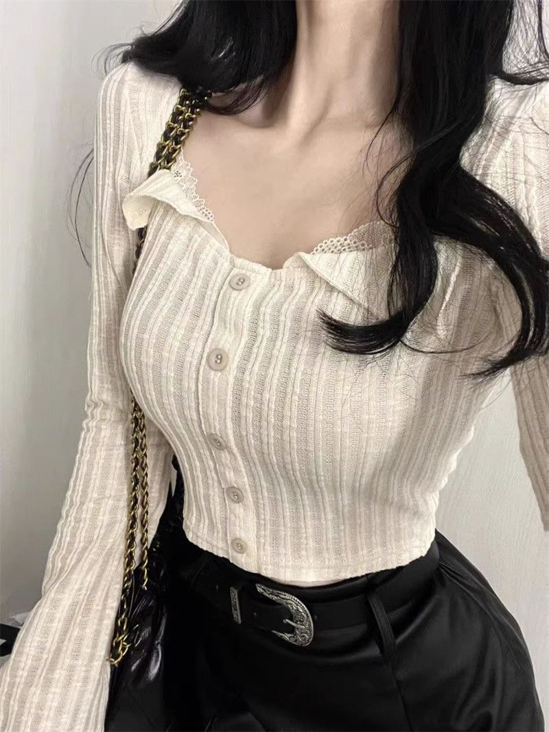 日系方領蕾絲條紋針織