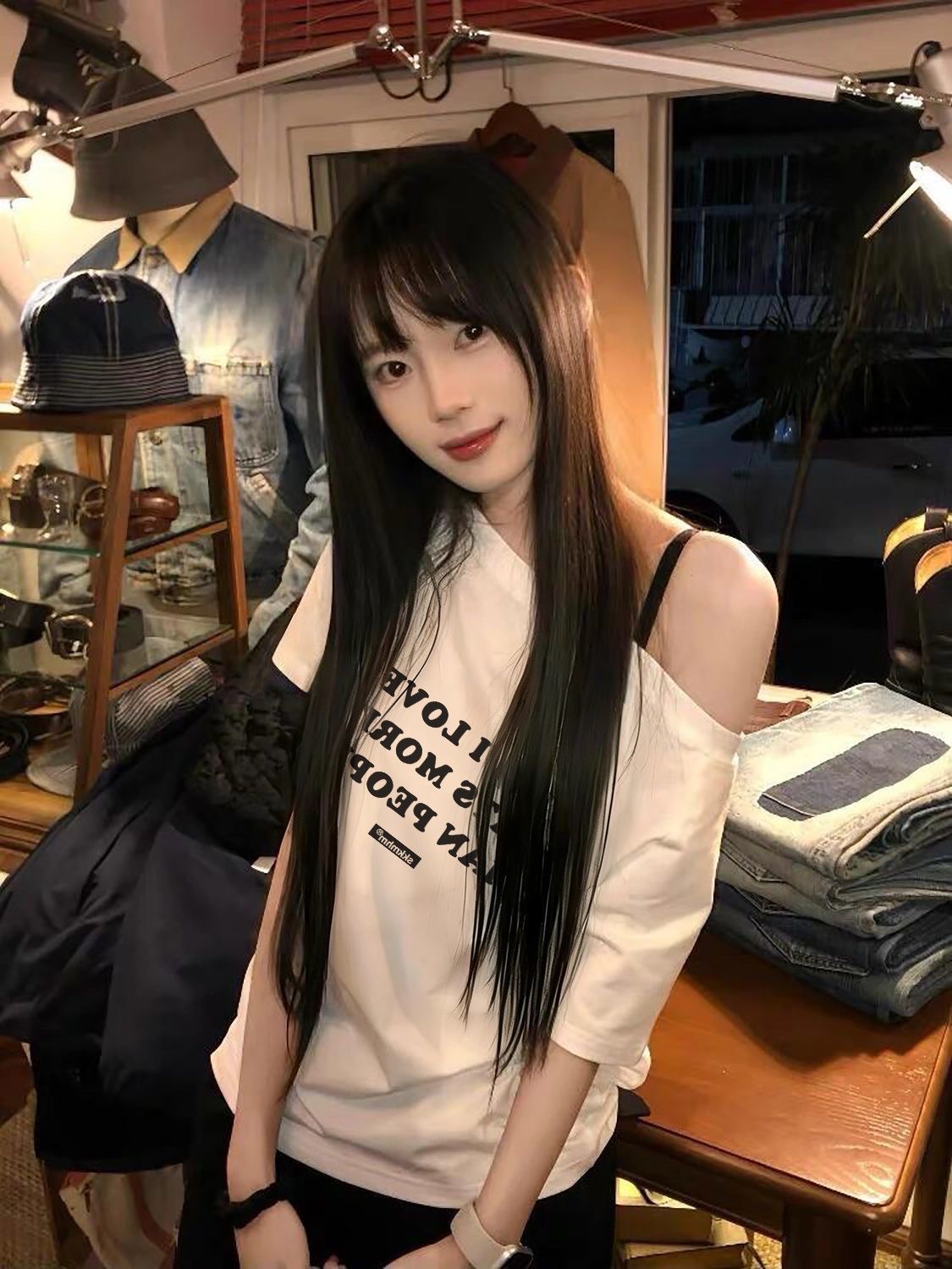 純棉小眾斜肩上衣