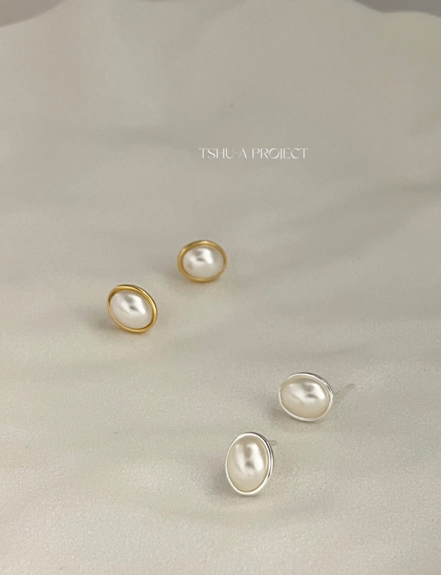 潤珠｜正韓925純銀橢圓珍珠鑲邊耳針耳環 珍珠耳環TSHU-A PROJECT |蔡計畫 韓國飾品