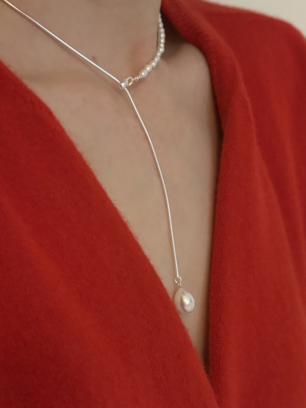 垂光｜925純銀淡水珍珠墜珠蛇骨鍊抽拉項鍊 項鏈 TSHU-A PROJECT 蔡計畫 韓國飾品