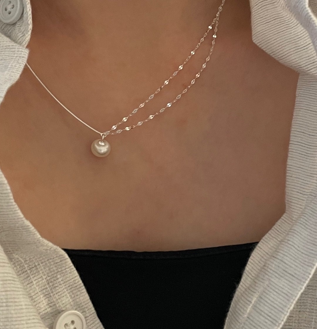 疊霧珍珠｜正韓925純銀閃耀蛇骨雙鍊珍珠墜飾項鍊 珍珠項鏈TSHU-A PROJECT 蔡計畫 韓國飾品
