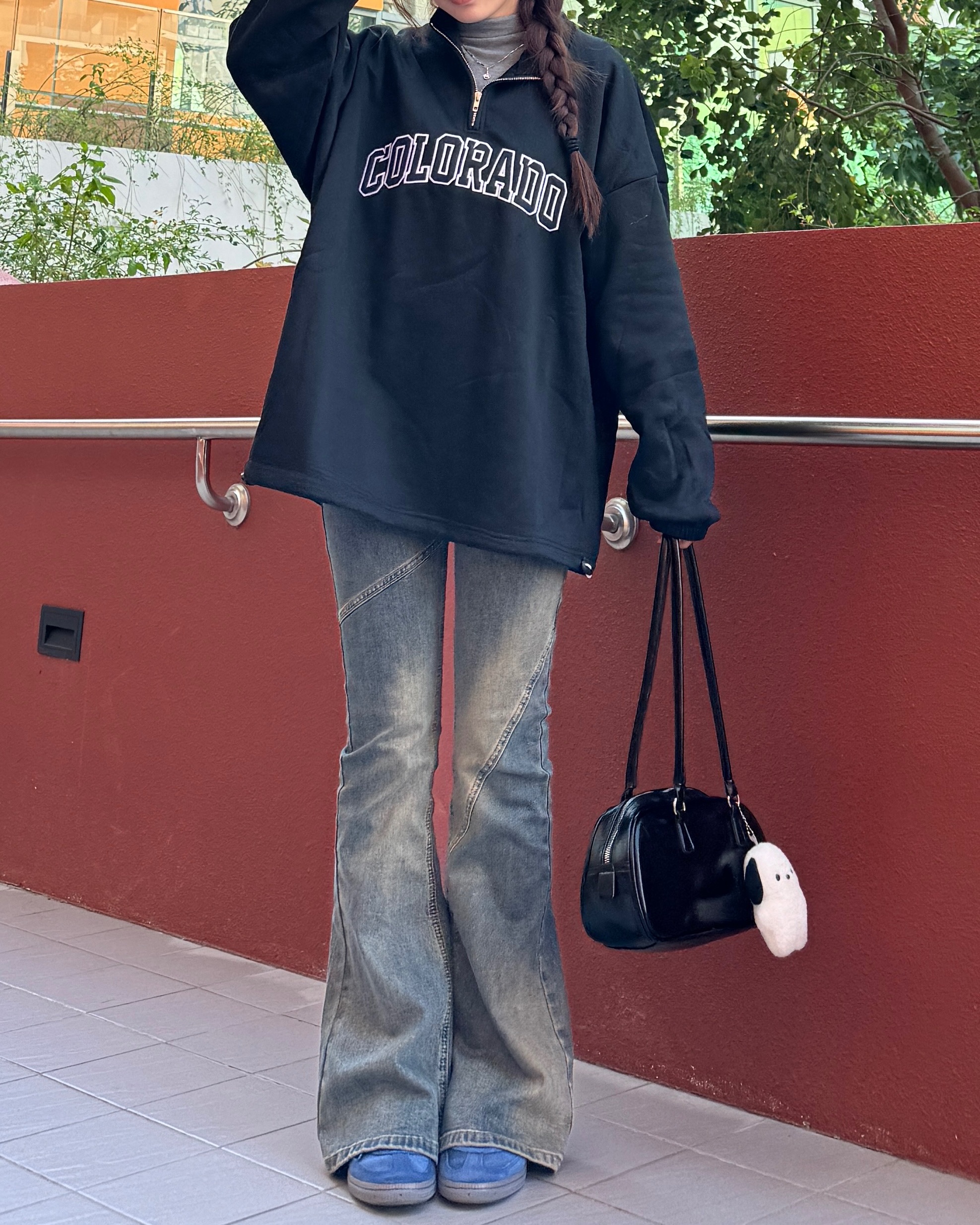 淺復古藍L*1現貨｜喇叭刷色牛仔長褲（有彈性）