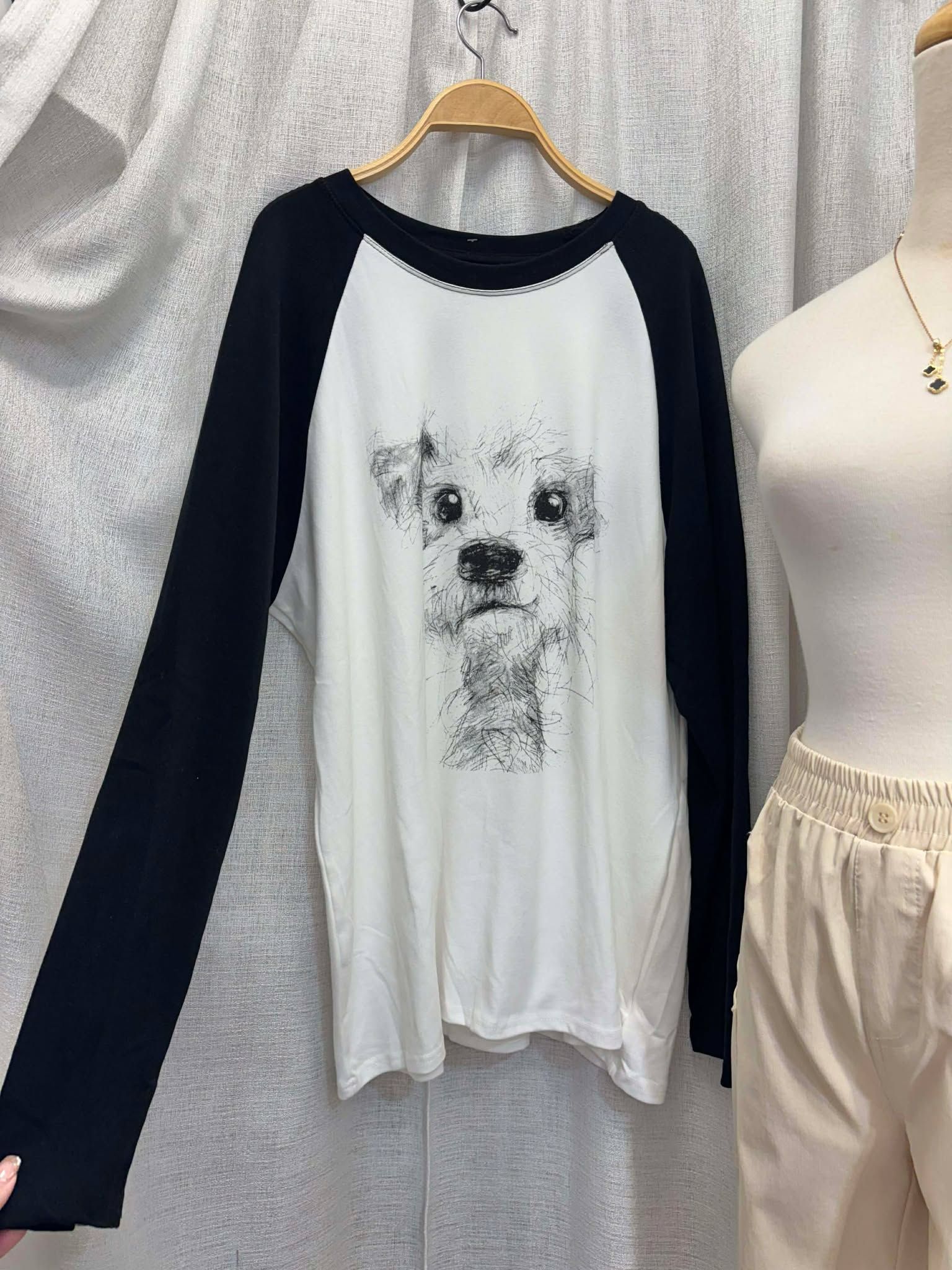 超舒服微磨毛料QQ狗狗拼色質感長袖踢 QQ