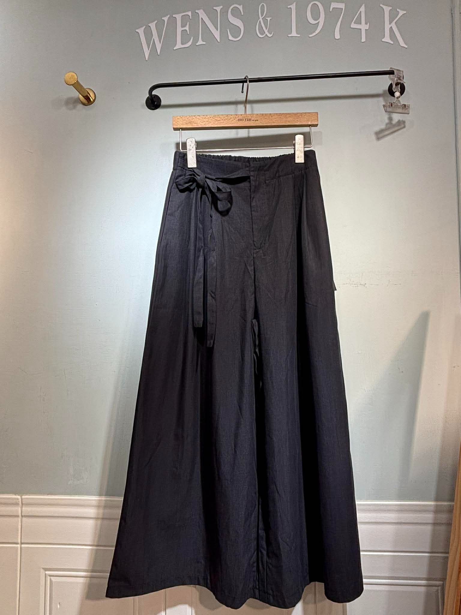 春夏新款～    日系棉麻天絲料側綁帶 斜紋寬褲🍃 - 單一顏色 黑