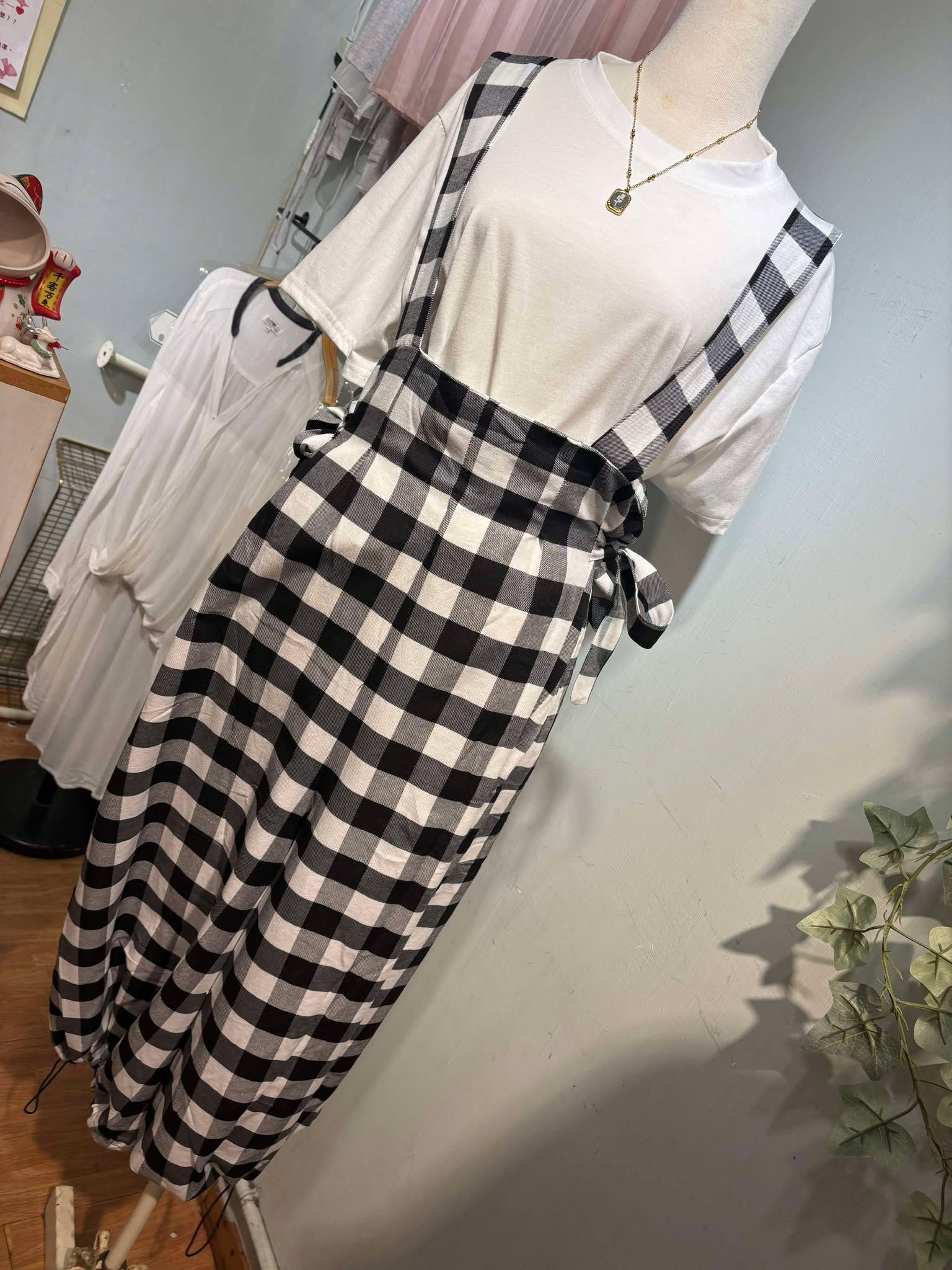 ✨ 𝐨𝐧𝐥𝐢𝐧𝐞 𝐩𝐫𝐢𝐜𝐞 網路限定 ✨ 日系經典格紋可調式調帶寬褲 （套裝）