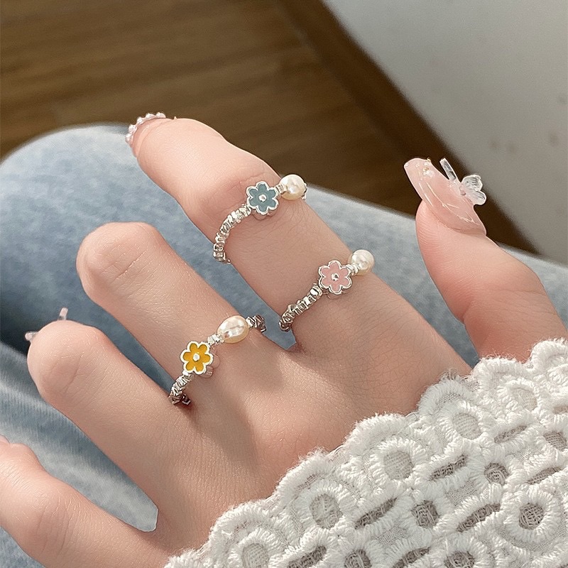 🌼s925多巴胺花朵淡水珍珠碎銀戒指💍