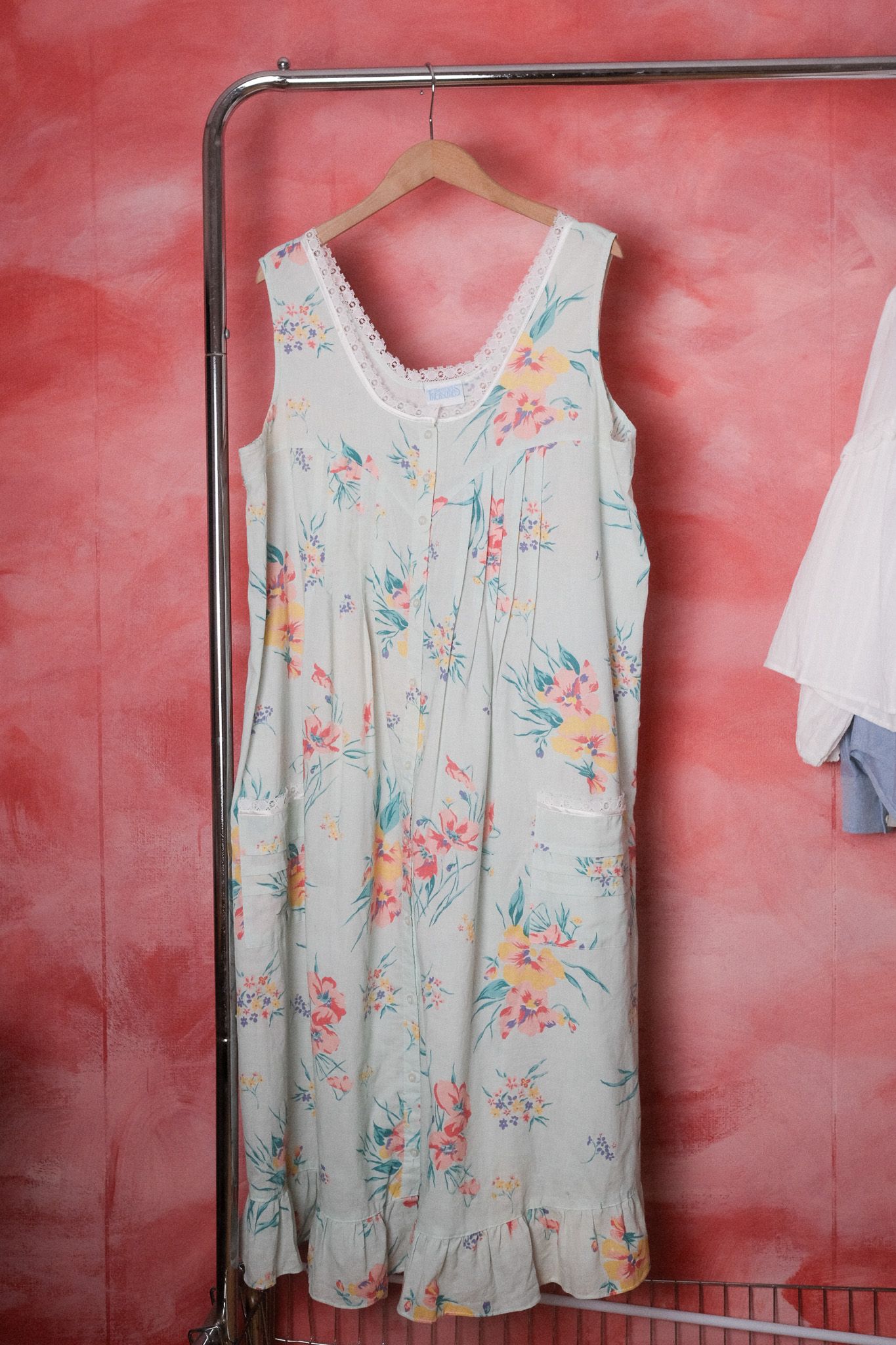 古着花草綠小蕾絲棉質長洋裝