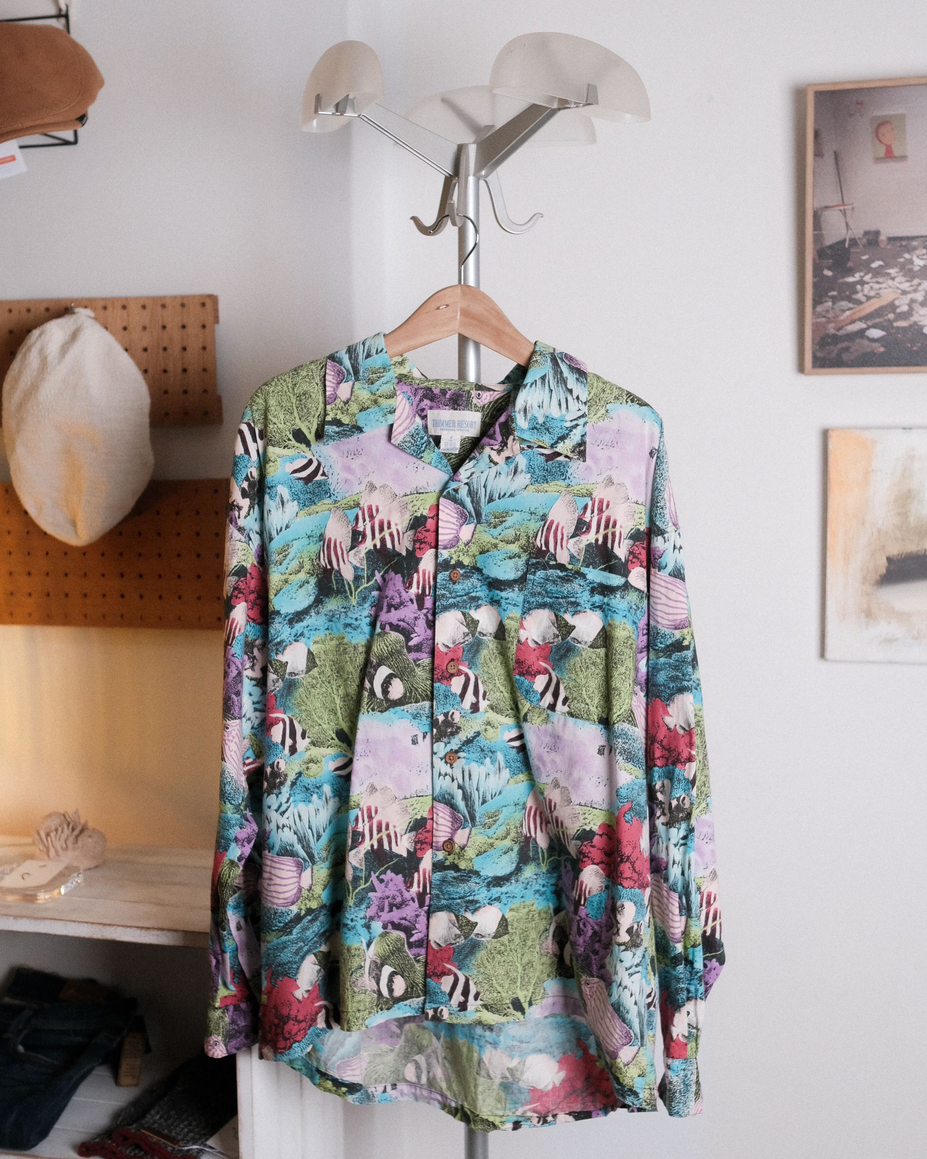 男子 日本製古著熱帶魚木扣長袖襯衫