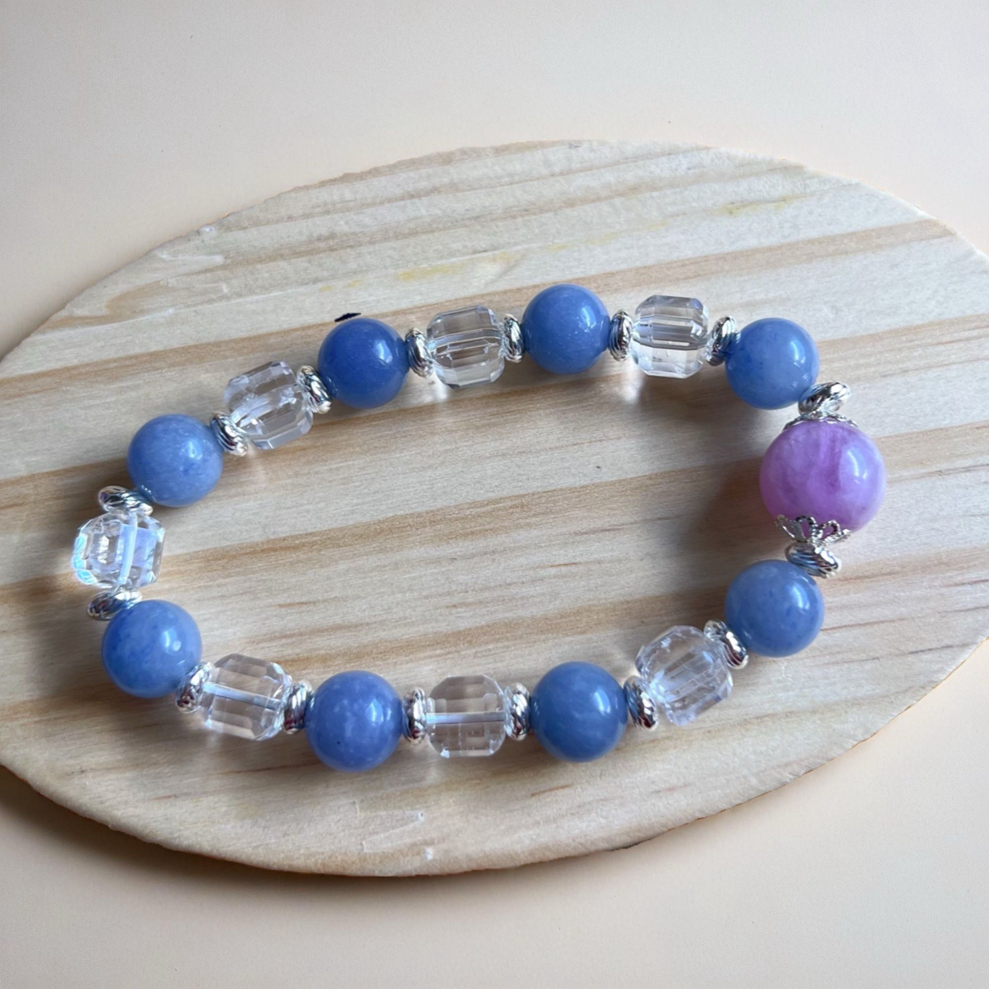 👉【沫緞微光】天使石 × 白水晶方糖設計款 × 紫鋰輝主石 10~13mm｜17cm｜天然水晶手鍊 愛與守護 靈性療癒