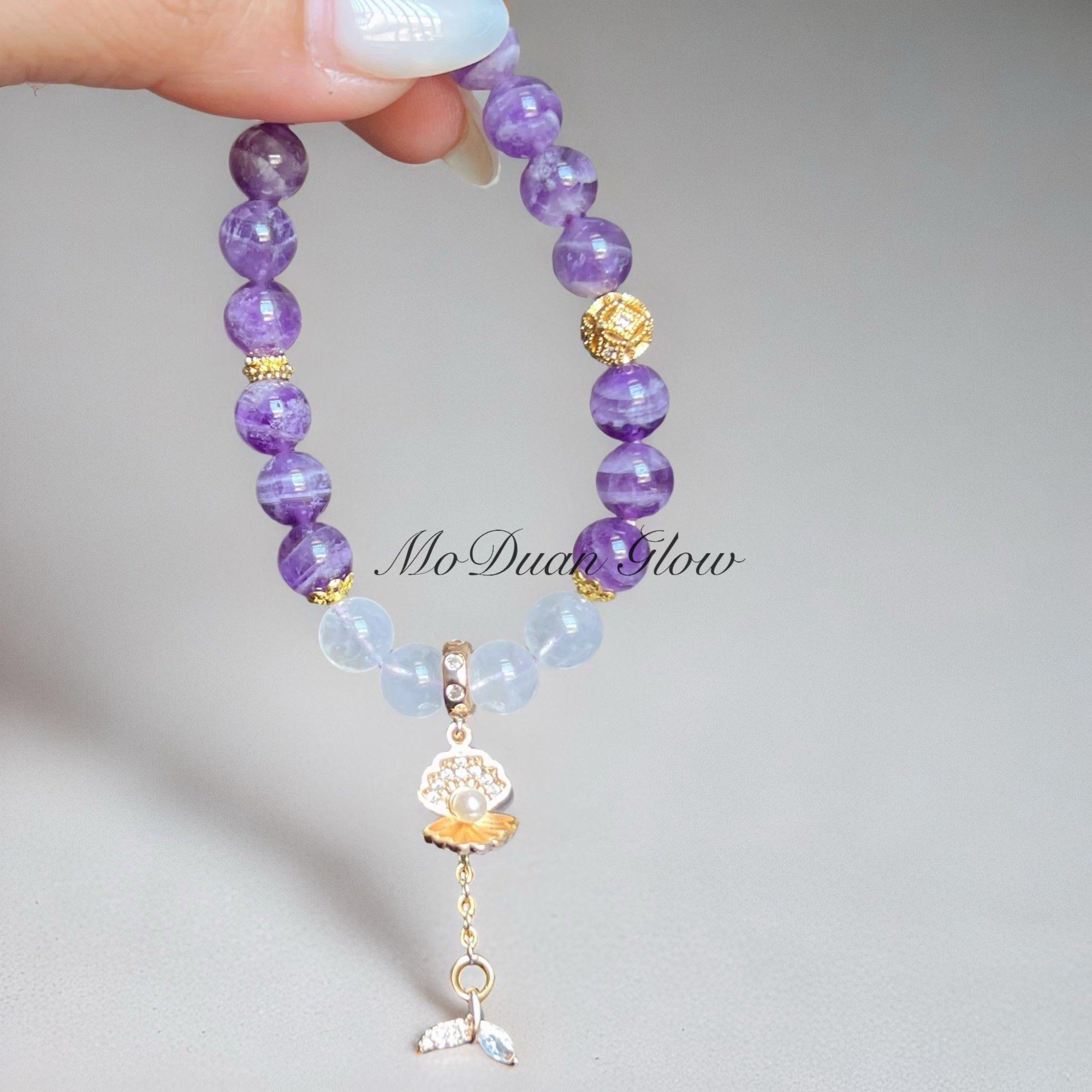 👉【沫緞微光💜🐚 商品資訊    品】夢幻紫晶 × 貝殼設計款 8mm｜16cm｜天然水晶手鍊 浪漫智慧 守護幸福