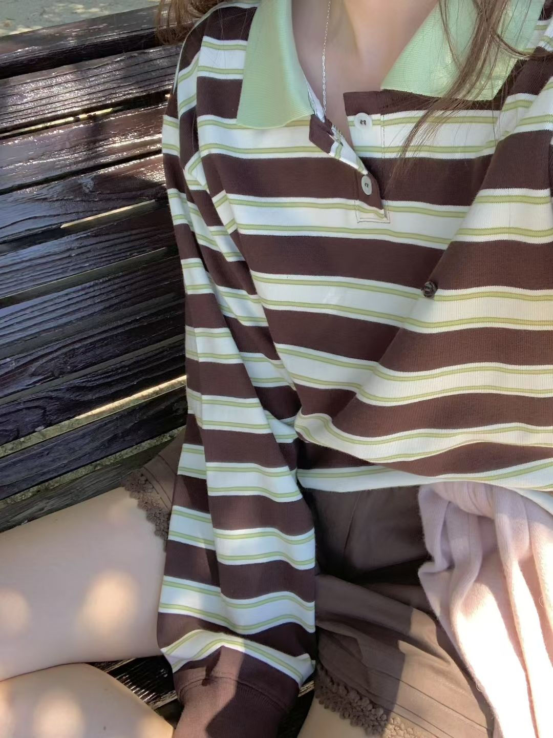 【咕G歐妮】現貨。正韓撞色條紋POLO衫（2色） 長袖T恤 寬鬆版型 大學T 文青風質感設計款 韓國製流行女裝