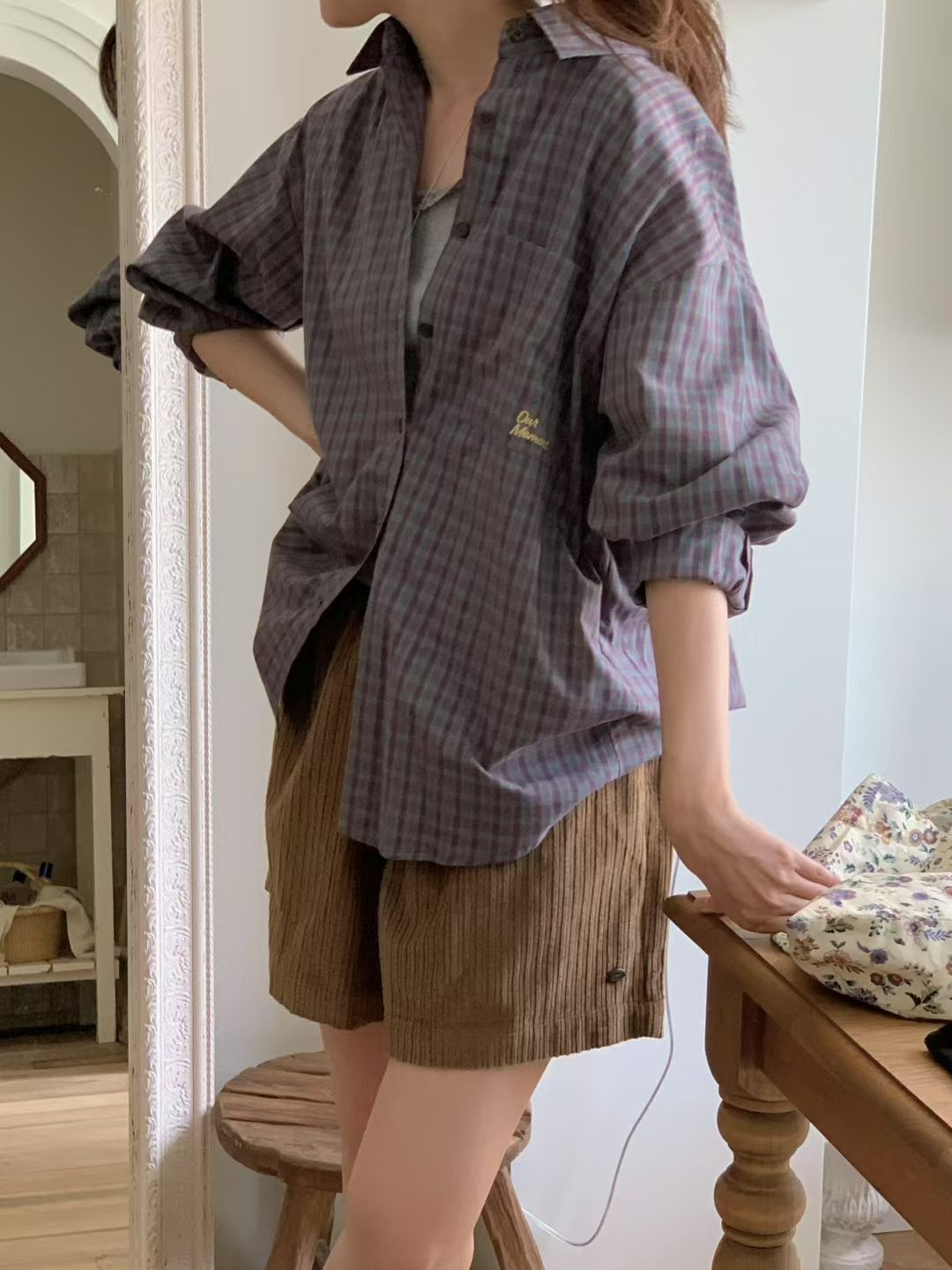 【咕G歐妮】現貨。正韓格紋襯衫（2色） 學院風長袖襯衫 格子襯衫 復古配色 文青風質感設計款 韓國製流行女裝