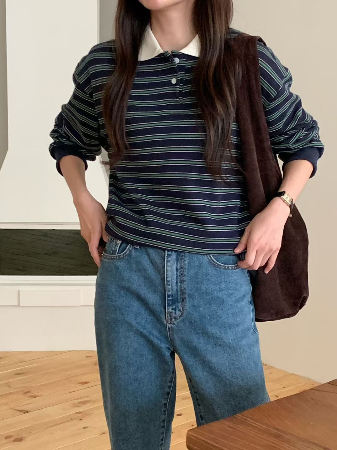 【咕G歐妮】現貨。正韓配色條紋POLO衫（3色） 長袖T恤 寬鬆版型 大學T 文青風質感設計款 韓國製流行女裝