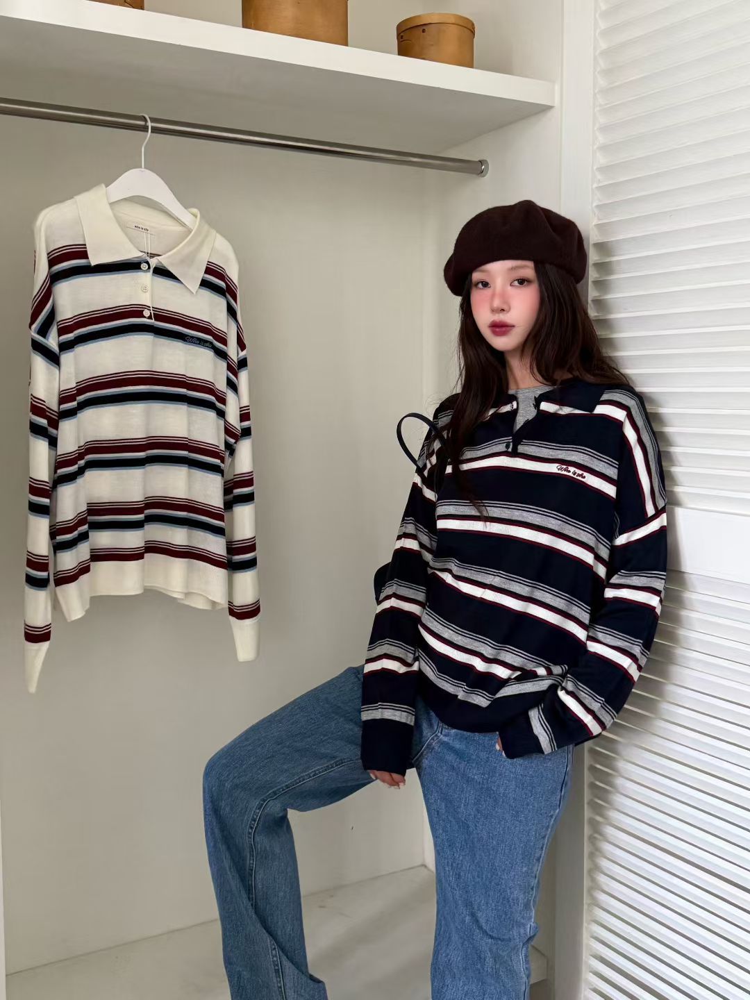 【咕G歐妮】在台現貨 正韓條紋POLO衫（2色） 長袖T恤 寬鬆版型柔軟針織面料  文青風質感設計款 韓國製流行女裝