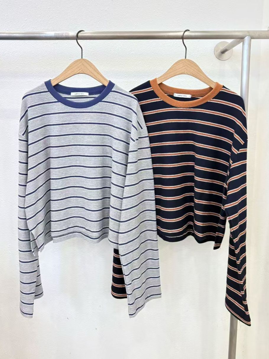【咕G歐妮】現貨。正韓短版條紋T恤（2色） 棉質長袖上衣 百搭質感橫條設計款 韓國製流行女裝