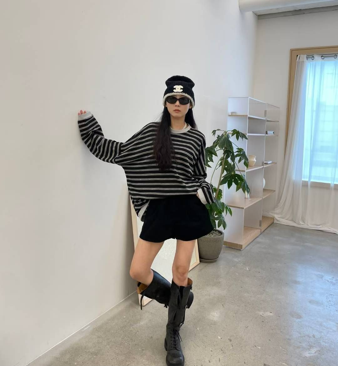 【咕G歐妮】現貨。正韓寬鬆落肩版型條紋上衣（2色） 橫條紋長袖T恤 百搭設計款 修飾顯瘦版型 韓國製東大門流行女裝