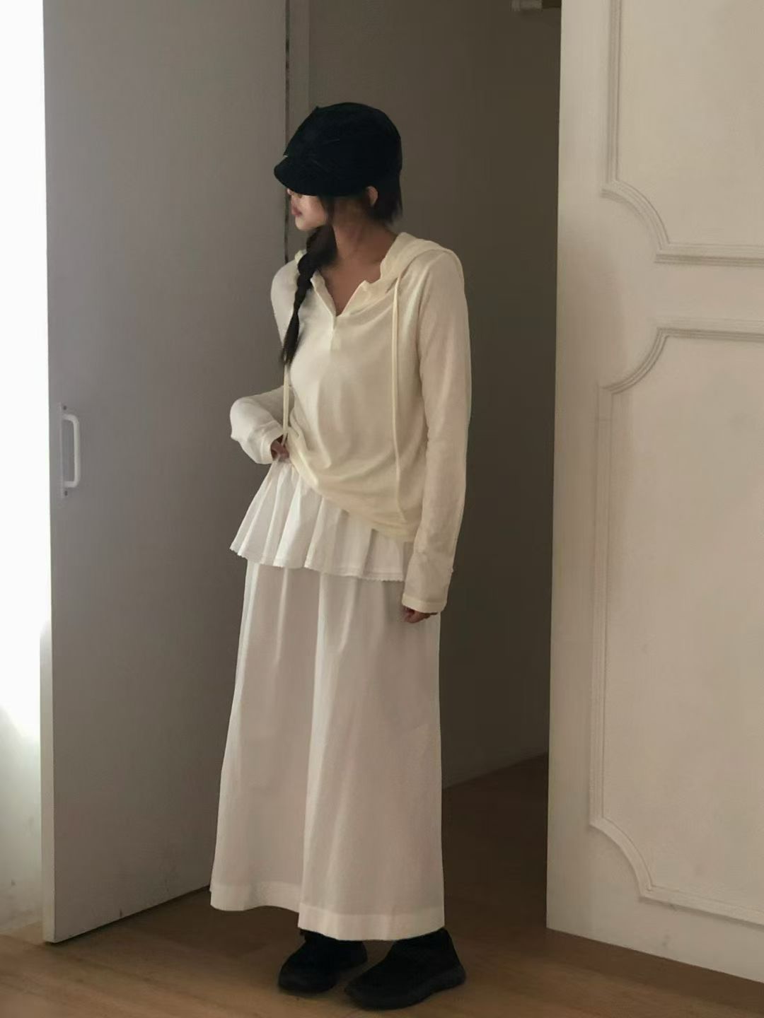 【咕G歐妮】現貨。正韓素色連帽針織衫（3色） 長袖上衣 連帽T恤 開扣上衣 修身版型 百搭素色款 韓國製流行女裝