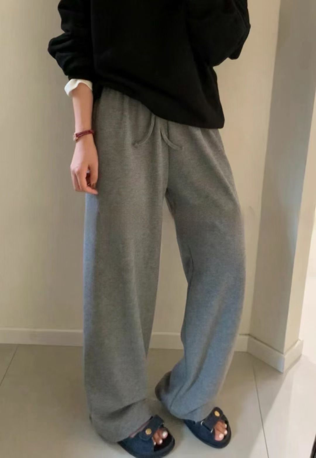 【咕G歐妮】現貨。正韓鬆緊腰抽繩棉褲（3色）  綁帶腰棉質長褲 針織長褲 百搭超舒服寬鬆闊腿褲 韓國製 東大門流行女