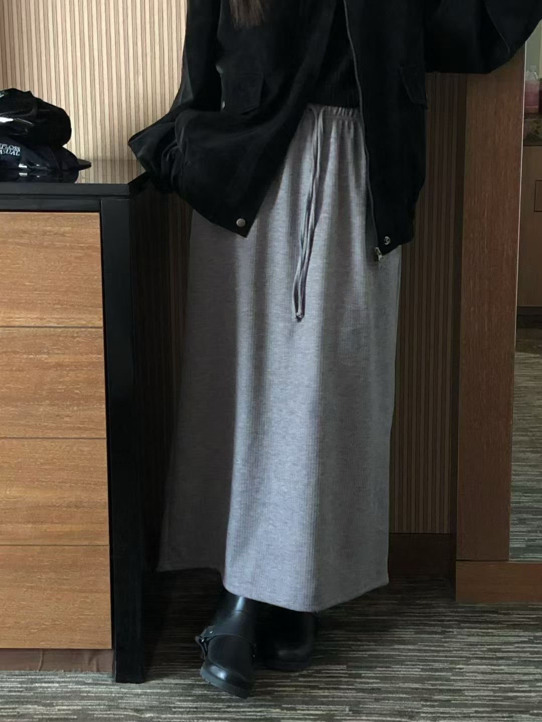 【咕G歐妮】現貨。正韓鬆緊腰抽繩棉裙（3色）  綁帶腰棉質長裙 針織長裙 後開岔長裙 韓國製 東大門流行女裝