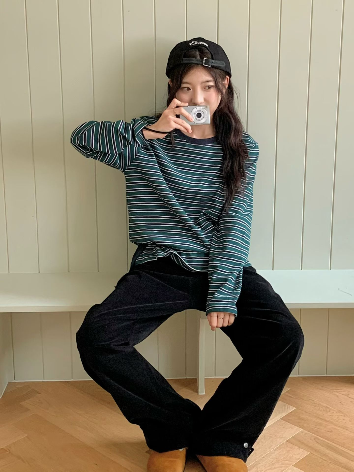 【咕G歐妮】現貨。正韓長版條紋T恤（3色） 圓領長袖T恤 腰部抽繩上衣 修身顯瘦縮腰上衣 百搭T恤  韓國製流行女裝