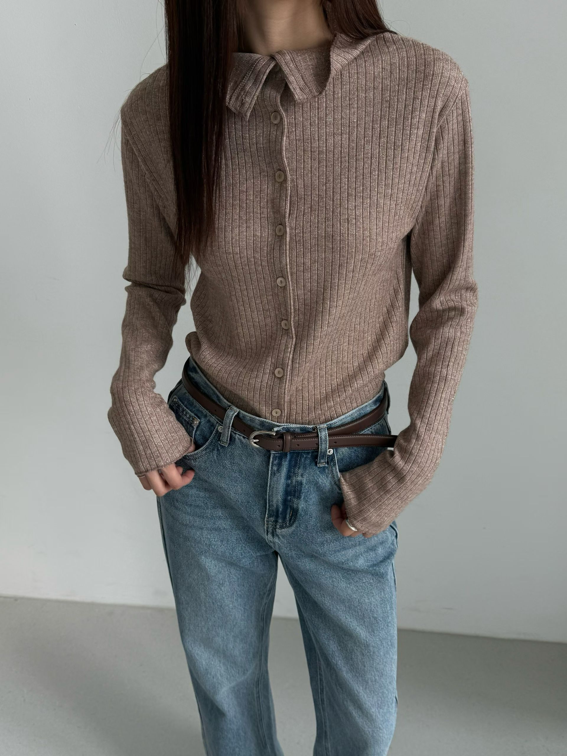 【咕G歐妮】現貨。正韓排釦羅紋針織上衣（3色） 長袖亮蔥開襟衫 翻領長袖T恤 小高領精緻設計款 韓國製流行女裝