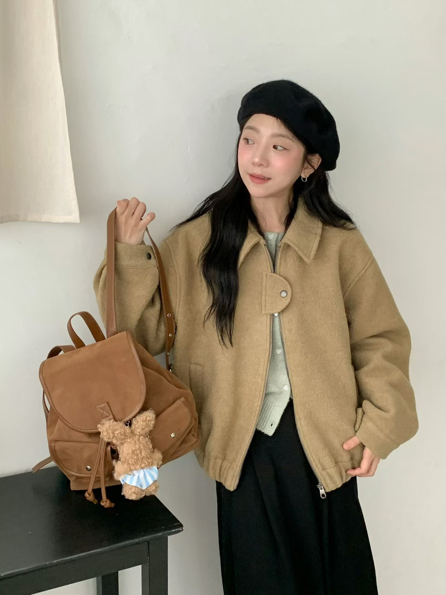 【咕G歐妮】現貨。正韓羊毛夾克（2色） 寬鬆拉鍊外套 休閒外套 鬆緊下襬秋冬外套 韓國製流行女裝