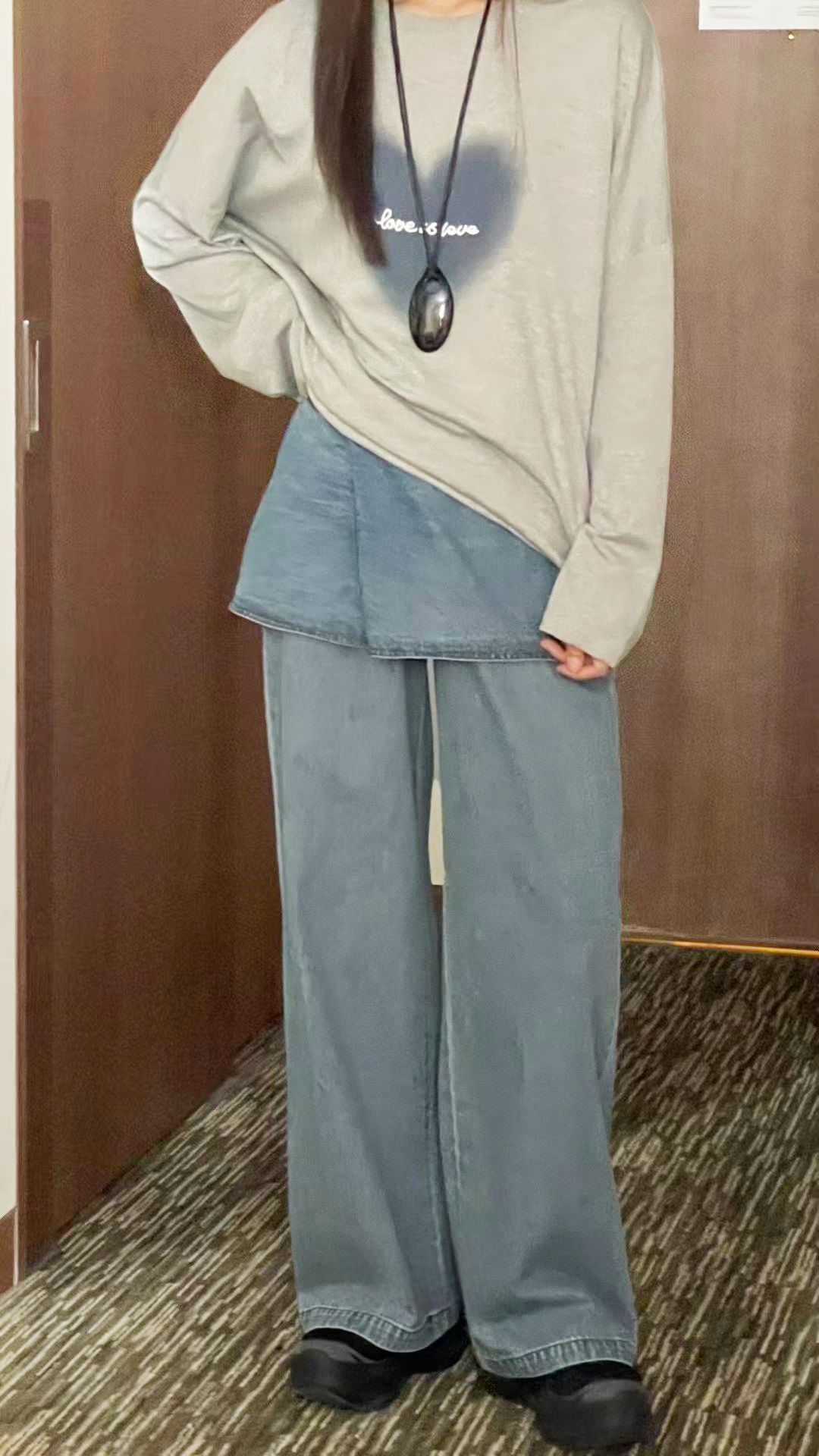 【咕G歐妮】現貨。正韓牛仔裙褲（2色） 假兩件牛仔褲 綁帶牛仔長褲 疊穿屁簾假兩件 層次感穿搭 韓國製流行女裝