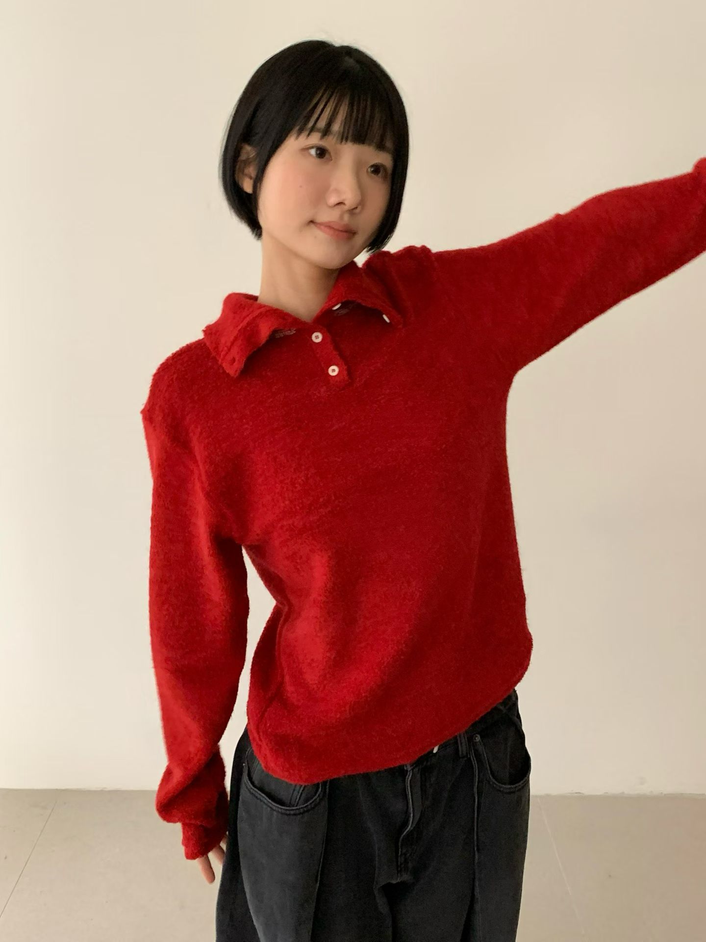 《咕G歐妮》正韓現貨。合身版針織翻領上衣 半開襟排釦上衣 素色長袖高領上衣 翻領/高領兩穿 舒適百搭冬季必備款 韓國製