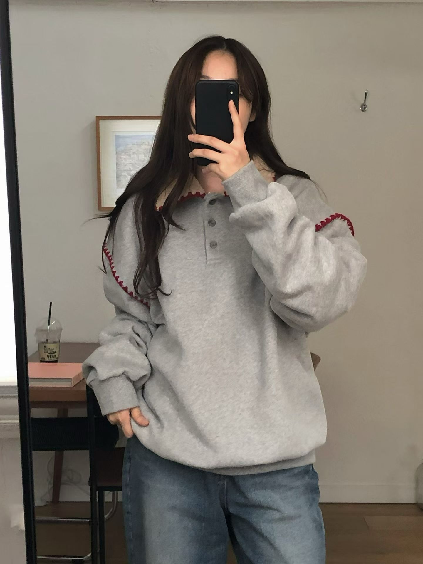 【咕G歐妮】正韓現貨。羊羔絨翻領內磨毛大學T（4色）  開扣花邊長袖上衣 冬季百搭寬鬆T恤 撞色領設計 韓國製流行女裝