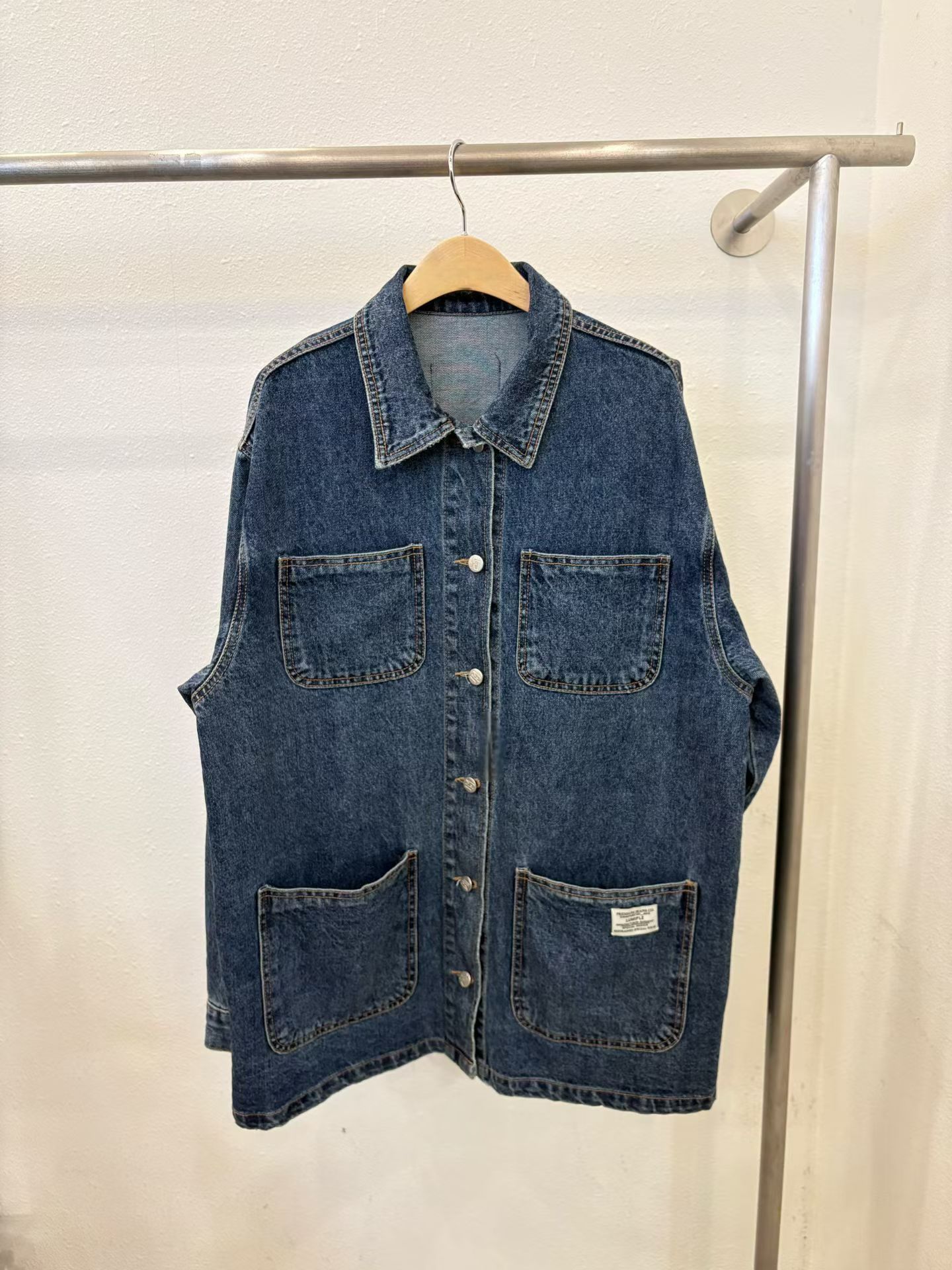 【咕G歐妮】正韓現貨。中長版牛仔外套 多口袋丹寧外套 街頭風工裝外套 排釦牛仔大衣  落肩牛仔夾克 韓國製東大門流行