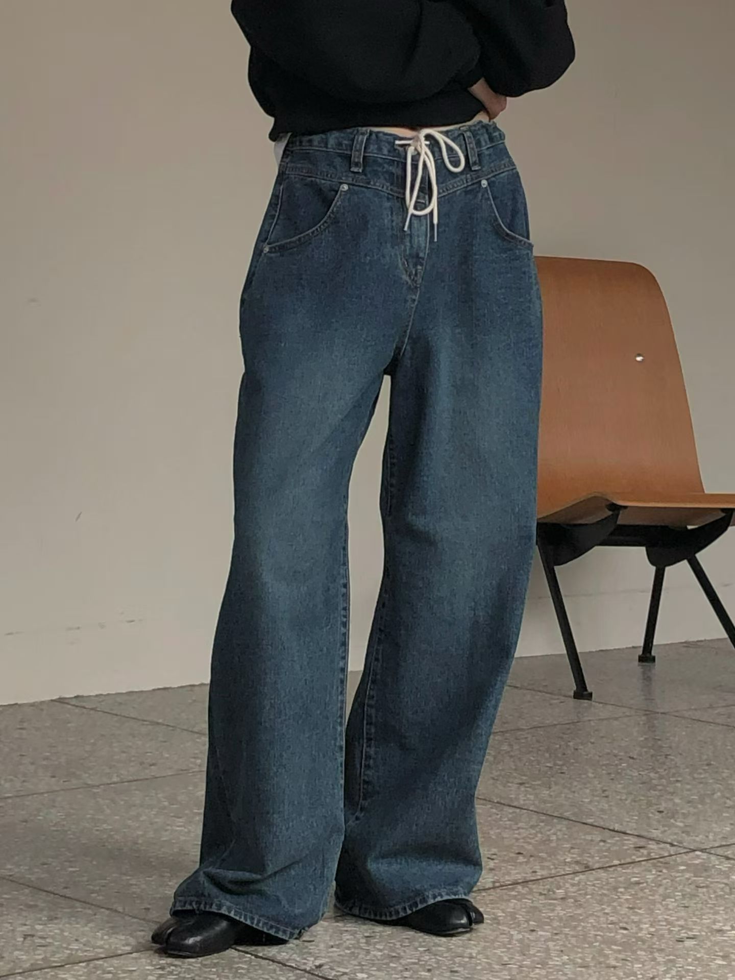 《咕G歐妮》正韓現貨。腰部抽繩牛仔褲（2色） 綁帶丹寧褲 寬鬆休閒街頭感闊腿褲 落地寬褲 牛仔長褲 韓國製流行女裝