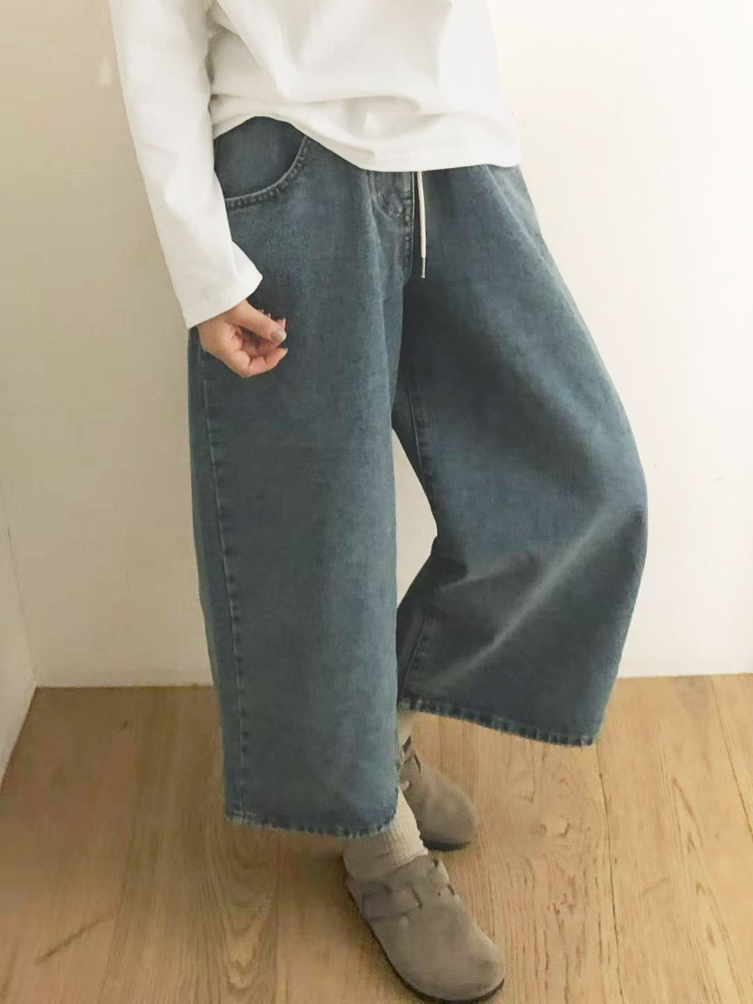 【咕G歐妮】現貨。正韓抽繩九分牛仔褲 顯瘦九分褲 率性丹寧褲 寬鬆休閒街頭感闊腿褲 韓國製流行女裝