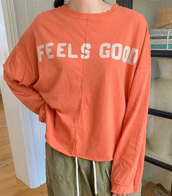 《咕G歐妮》正韓現貨。輕薄長袖T恤 落肩版型薄上衣 不收邊自然捲邊設計 寬鬆連袖舒適版型 韓國製東大門流行女裝