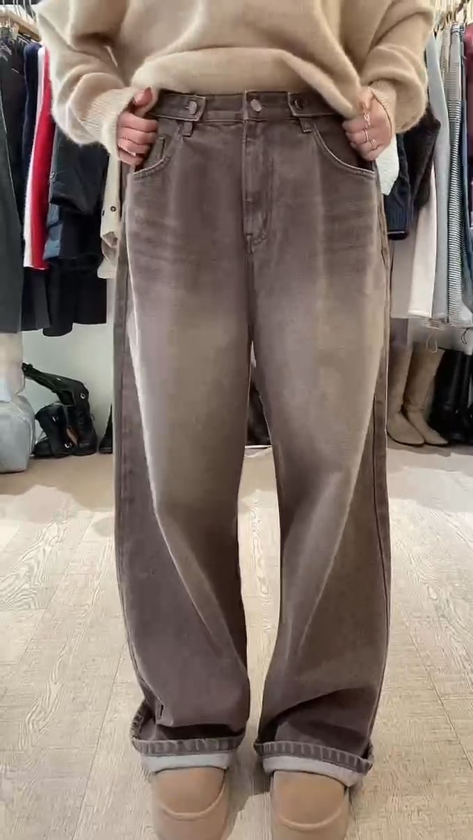 《咕G歐妮》正韓現貨。仿舊刷色寬版牛仔褲 自然復古漸層刷色 腰扣設計 復古直筒寬版褲 韓國製 東大門流行女裝