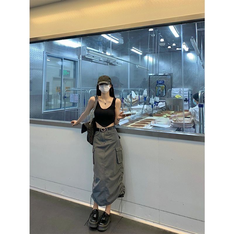 2025081002 抽繩高腰牛仔工裝裙