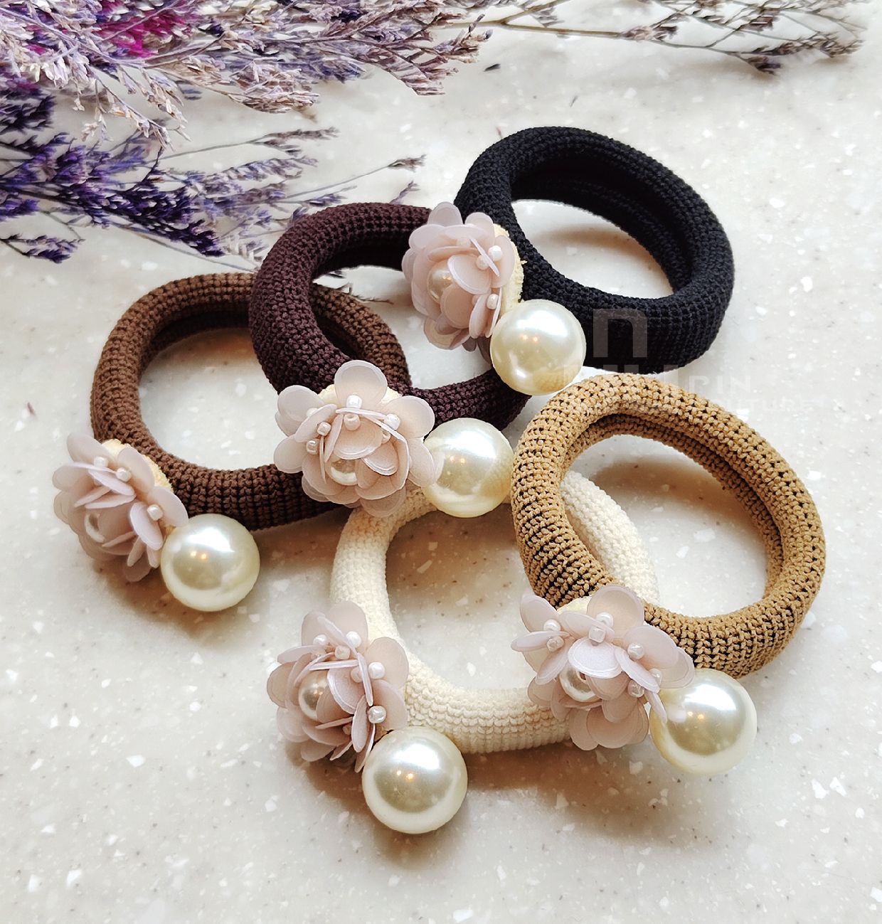 Pin Couture【百貨聯名設計款】輕奢珍珠造型髮圈 5入禮盒組 獨家設計手作 百搭馬尾髮圈 無痕髮圈